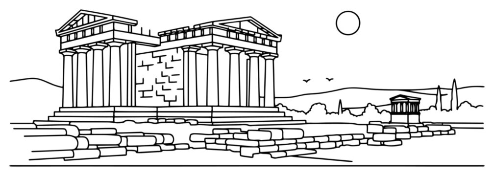 Line art vector illustration of ancient Greek temple ruins in a scenic landscape