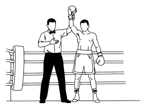 Boxing referee raising the hand of a winning athlete inside the ring in line art style