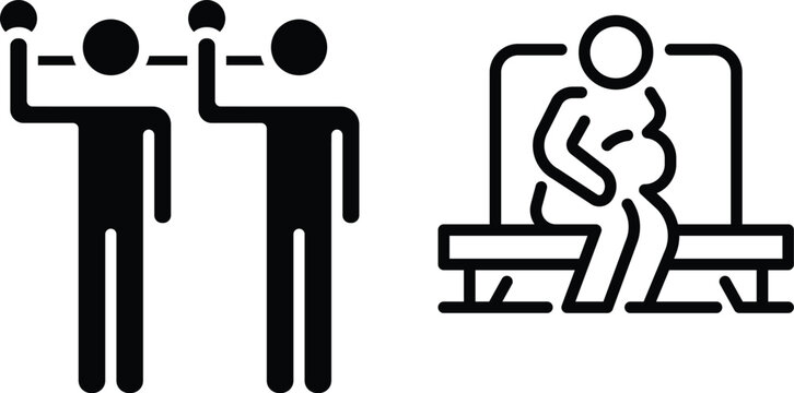 Transit icon set, passengers standing with handrails and seated, bus and train vector graphics