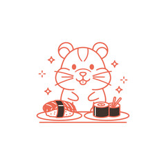 Cute Hamster Enjoying Sushi Meal, Kawaii Illustration © varla