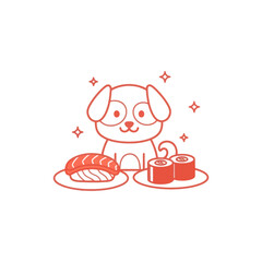 Cute Cartoon Dog with Sushi and Rolls, Kawaii Food Illustration © varla