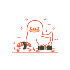 Cute duck with sushi and maki rolls, kawaii food illustration, funny cartoon character © varla