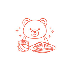 Cute Bear Character Enjoying Sushi Meal, Kawaii Food Illustration © varla