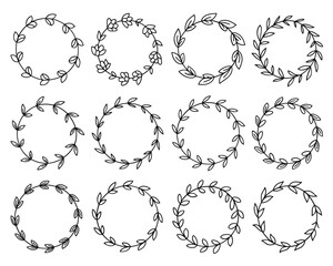 Fototapeta premium Elegant leaf wreath frames, holiday greeting card border, winter wedding invitation, new year label, minimal circle garland set, vector illustration