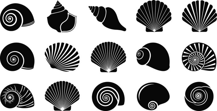 Black silhouette seashell icons set featuring various sea shells scallops and spiral snail shells isolated on a white background vector.
