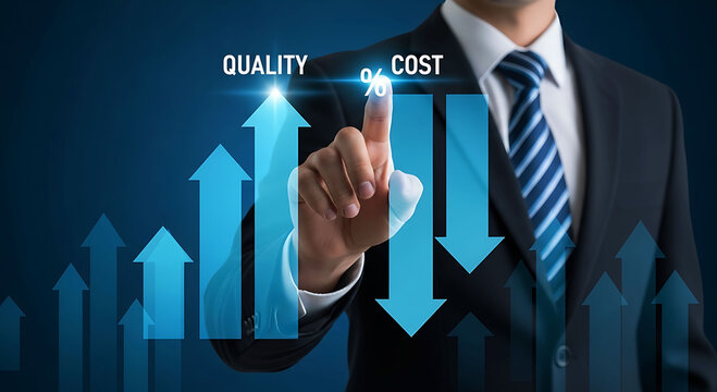 Businessman pointing at quality and cost graph with growth and reduction arrows