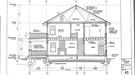 Fototapeta premium Residential house architectural cross section blueprint showing bedroom living area foundation staircase and technical structural details