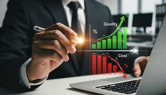 Business man analyzing graph showing increasing quality and decreasing cost trends