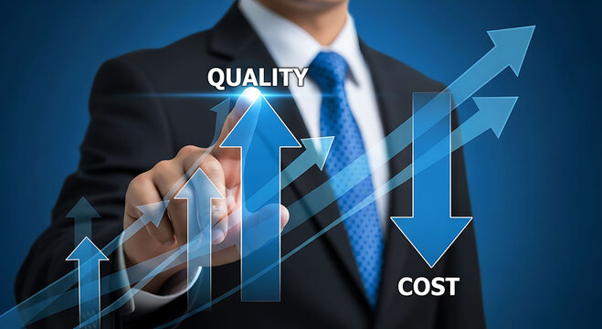 Businessman pointing at increasing quality arrow and decreasing cost icon concept