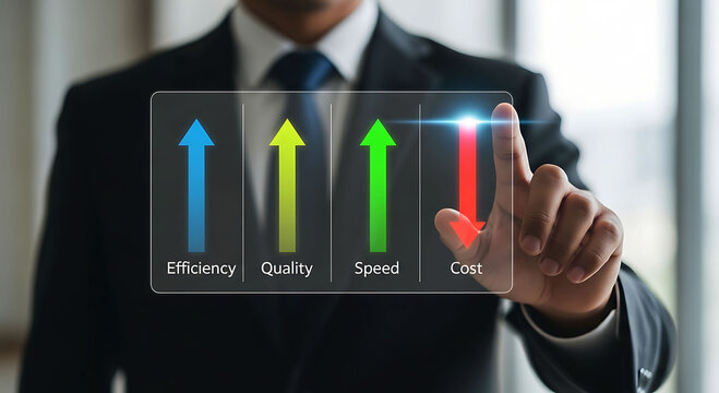 Businessman touching virtual interface showing efficiency quality speed and cost reduction