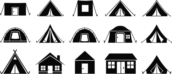 Obraz premium Collection of Camping Tent and Small Cabin Icons Featuring Various Shelter Styles for Outdoor Adventure Tourism and Recreational Facility Signage