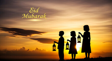 Fototapeta premium Eid Mubarak Festival Kids Lantern Sunset Silhouette