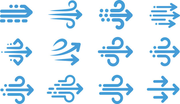 A collection of twelve blue wind and speed arrow icons representing movement and air flow