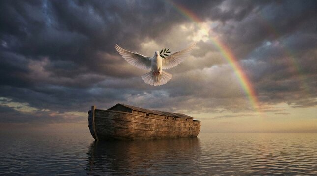 AI generated Noah's Ark on calm sea with a white dove and rainbow in a dramatic sky.