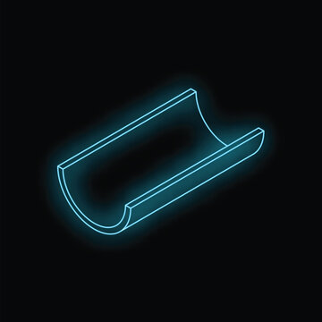Neon blue half pipe structure glowing on a black background, simple minimalist graphic design element