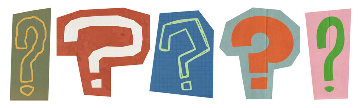 Colorful Scrapbook Question Mark Set, retro Cutout Paper symbol collection. Vintage torn paper signs for collage, junk journal, bright design