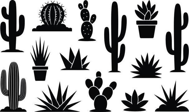 A diverse collection of black cactus and succulent plant silhouettes showing desert flora shapes