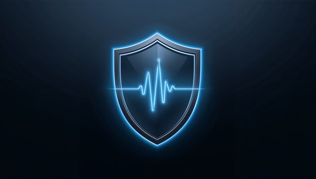 Glowing glossy shield emblem radiating neon blue electrocardiogram on dark studio backdrop