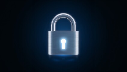 Fototapeta premium Glowing metallic padlock with chrome shackle emitting blue keyhole light in studio, halo reflection