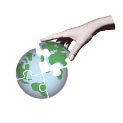 Environmental strategy concept collage. Halftone hand putting the last puzzle piece into green earth globe. Retro pop art vector illustration for sustainable business solution and ecology.