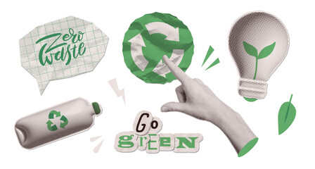 Go green and recycling vintage collage set. Halftone plastic bottle, green energy lightbulb and paper cut text zero waste. Sustainable environment and retro ecology concept vector elements