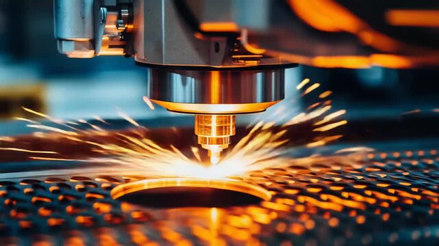 Laser cutting machine processing metal sheet, creating intricate patterns with a focused beam, generating bright sparks and highlighting precision industrial manufacturing technology