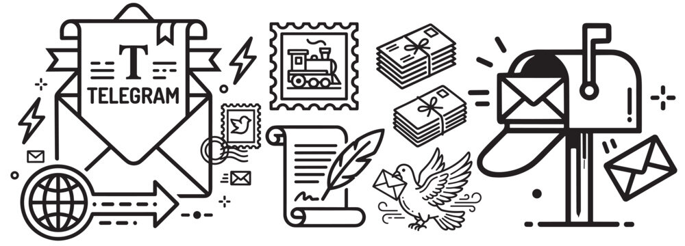 email and postal communication icon set with envelope mailbox stamp delivery bird and document symbols on transparent background