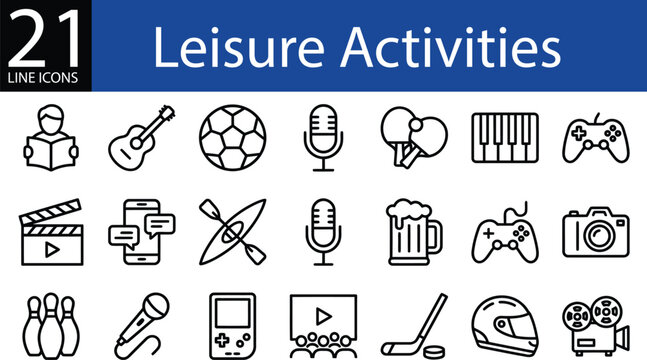 Leisure activities collection of minimalist symbols, linear format including reading, music, sports, gaming, and lifestyle.