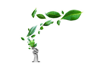 Flying green leaves and and lightbulb on isolated free png background. Environment and ecology backdrop concept.