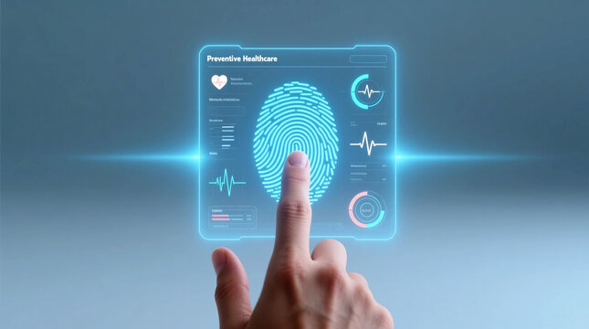 User utilizing cutting-edge Preventive Healthcare Technology on holographic screen performing biometric finger scan for secure identity verification and accessing digital medical data