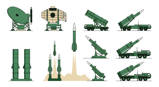 Military Missile Defense System and Radar Equipment Vector Illustration Set