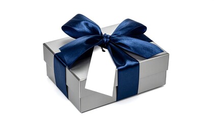 Obraz premium Elegant silver gift box with dark blue ribbon bow photographed from a low angle on a white backdrop