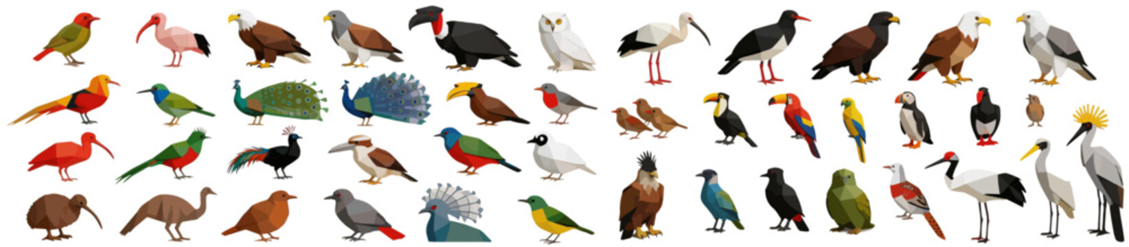 A group of bird characters. A group of cartoon design graphics unique banner. featuring bald eagle, peacock and toucan, ideal for educational posters and children's book illustrations
