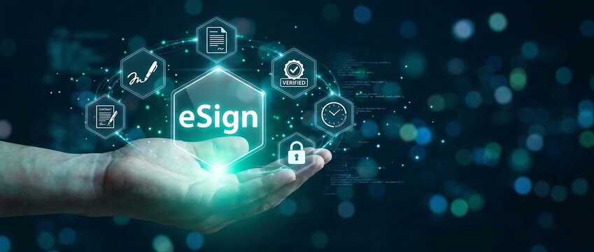 Hand holding futuristic digital eSign hologram interface with business icons for contract approval and secure transactions in cyber space