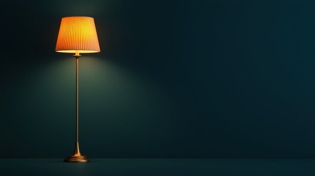 A floor lamp with a yellow shade illuminates a dark room.