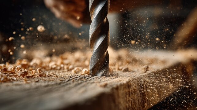 Closeup of drill bit creating wood shavings in workshop.