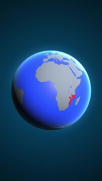 The animation shows a graphic representation of the earth and highlights the location and map of Mozambique colored red in vertical format.