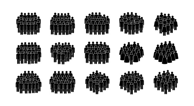 Set of black icons representing large groups of people arranged in various dense crowd formations