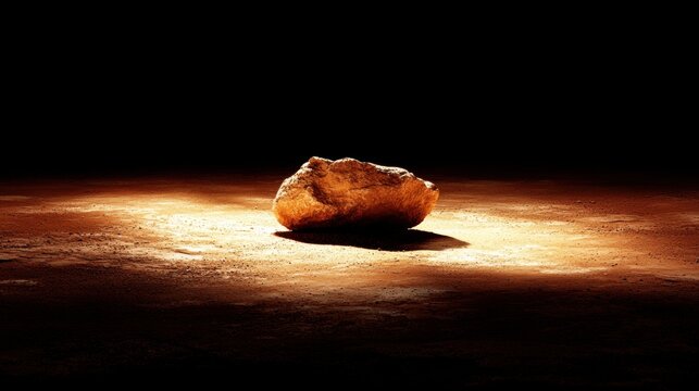 A large, rough-textured rock sits in the center of a dark, rocky landscape, illuminated by a bright light source.