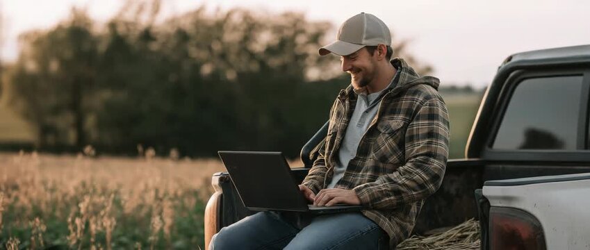 A farmer sits on a pickup truck using a laptop in a field.