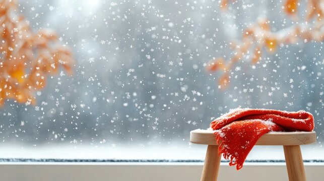A red scarf on a wooden stool, with a snowy landscape visible through the window.