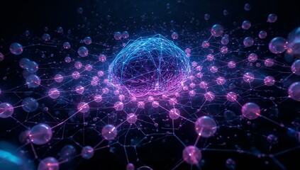 Obraz premium Pulsing central wireframe brain orb hovering over digital network, with purple nodes and filaments