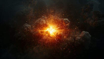 Fototapeta premium Exploding fiery core releasing bright sparks, embers and debris in open sky, with shockwave halo