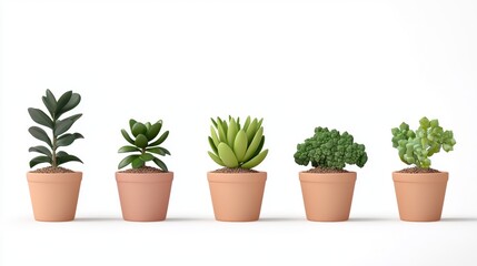 Fototapeta premium A row of five potted plants with varying leaf shapes and sizes.