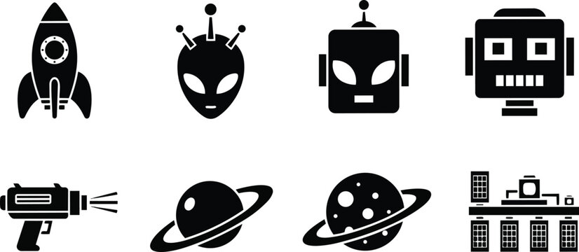 Vector icon set for coloring book minimal space characters rocket alien robot ray gun planets and space station arranged in grid flat bold line art playful