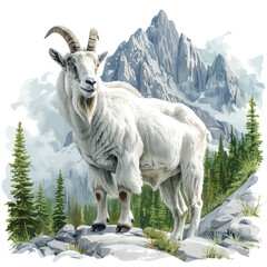 Fototapeta premium Mountain Goat, vector clipart in watercolor with smooth gradients, isolated on a white background.
