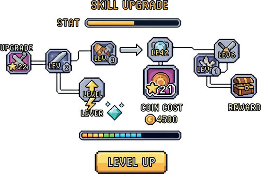 Skill upgrade tree interface for a video game, showcasing progression and rewards