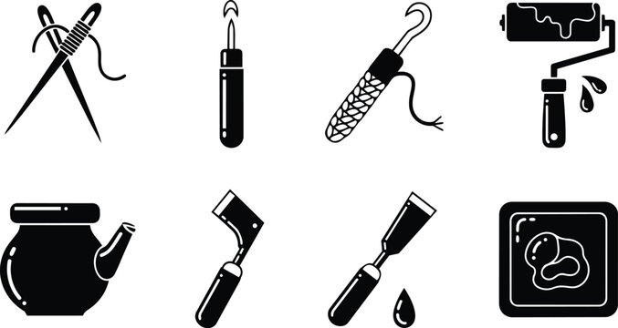 Playful flat design craft tools icons set for a coloring book featuring knitting crochet painting carving teapot and soap outline stoic close up composition simple outlines