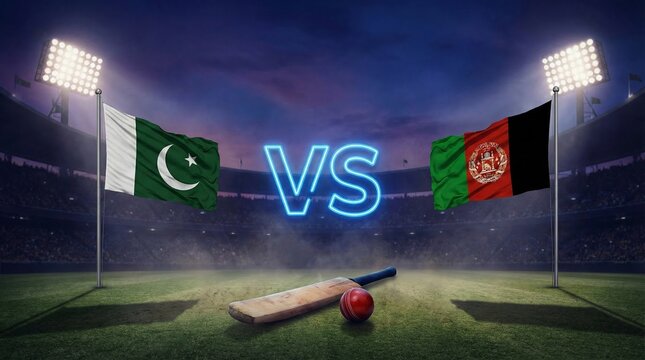 Epic night cricket match showdown featuring Pakistan and Afghanistan flags ready for competition
