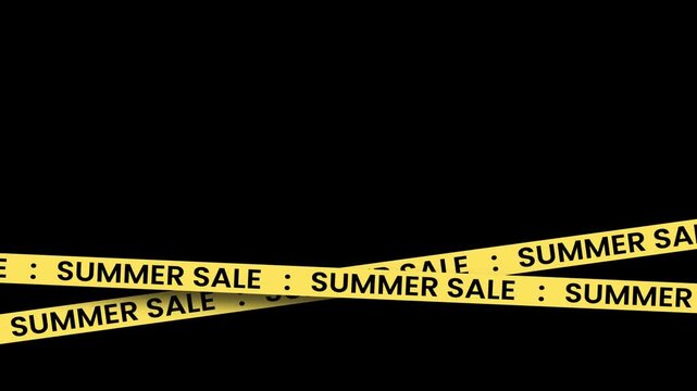 Animated summer sale ribbon with repeating text moving across the screen on a black background. Bright yellow tape style typography creates a bold promotional look, perfect for advertising, discounts.
